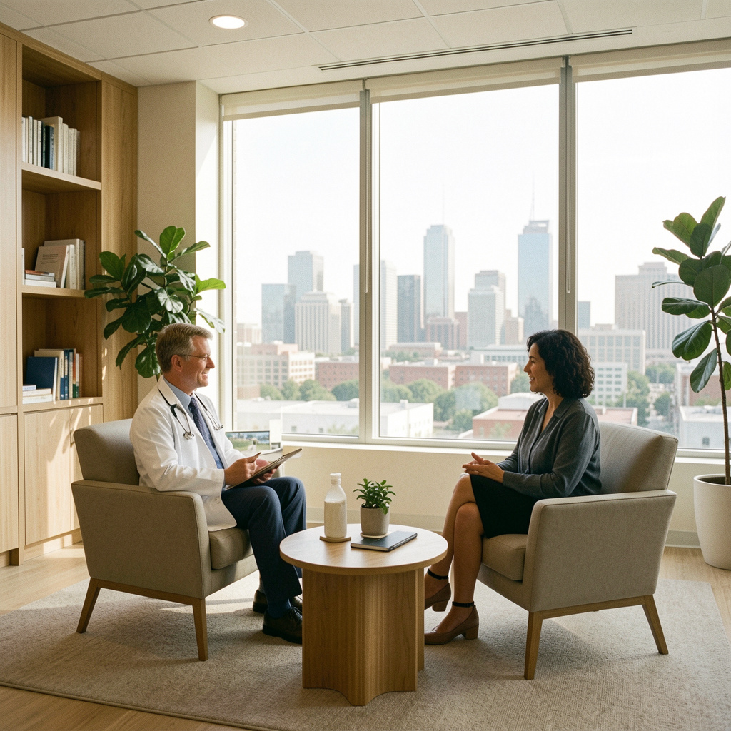 Physician consulting with a patient in a Dallas high-rise