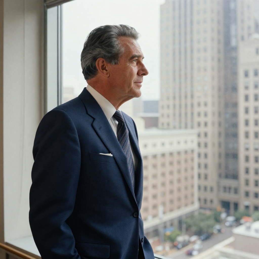 Distinguished professional looking over Dallas skyline